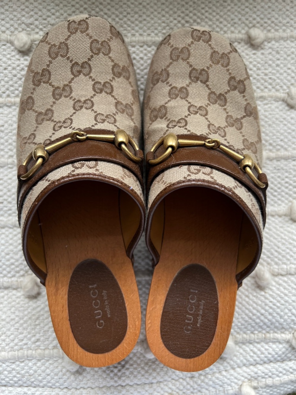 Gucci Beige and Brown Monogram Canvas Horsebit Clogs - Picture 4 of 7